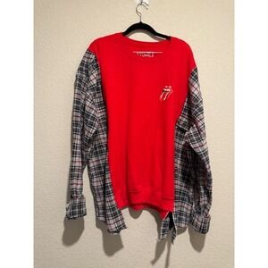 Rolling Stones Upcycled OOAK Flannel Sleeve Sweatshirt Red Rock Band Free size
